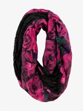 Apt. 9 Womens Pink Floral Rose Infinity Scarf Black Crochet Lace Trim New